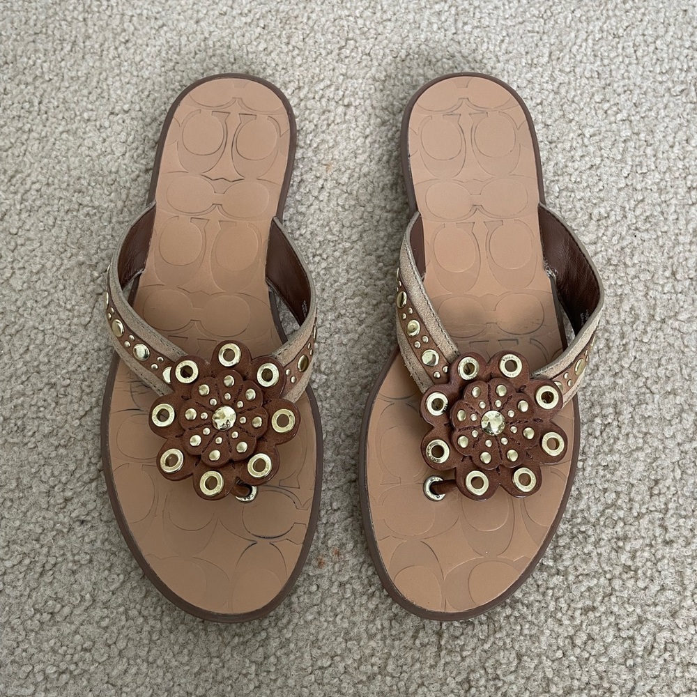 Coach Tan and Brown Flower Sandal